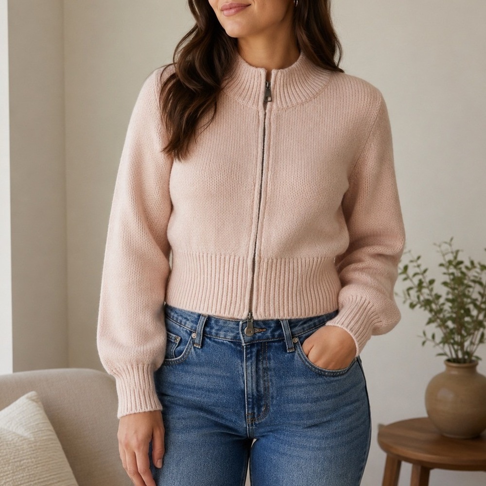 Hazel Moon Pink Knit Cropped Full Zip Mock Neck Cardigan Sweater Large